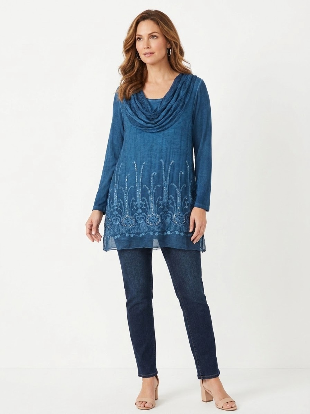 Soft Surroundings Blue Embroidered Sequin Cowl Neck Tunic Top Size Large